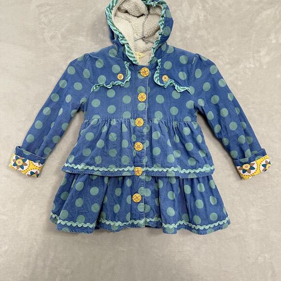 Matilda Jane Polka Dot Corduroy Pea Coat Blue Sherpa Lined Ruffles Girls Size 6 - Picture 1 of 16
